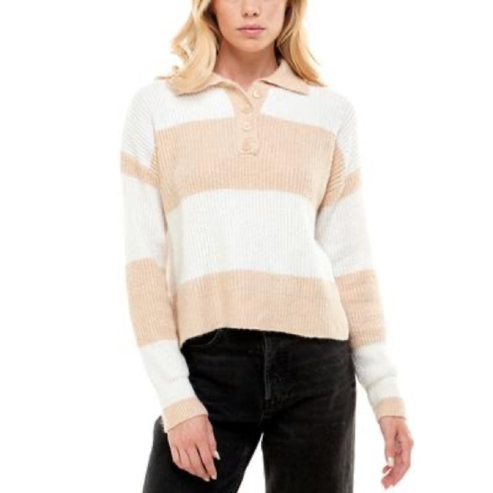 Ultra Flirt Juniors Striped Rugby Sweater Striped Beige White Women's Sweater XS